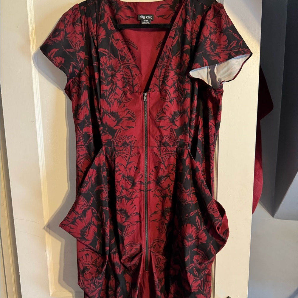 City Chic Red and Black Floral Zip-Front Dress